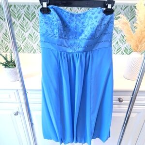 ⭐Sky Blue David's Bridal Beaded Bodice Strapless Short Dress Bubble Hem⭐